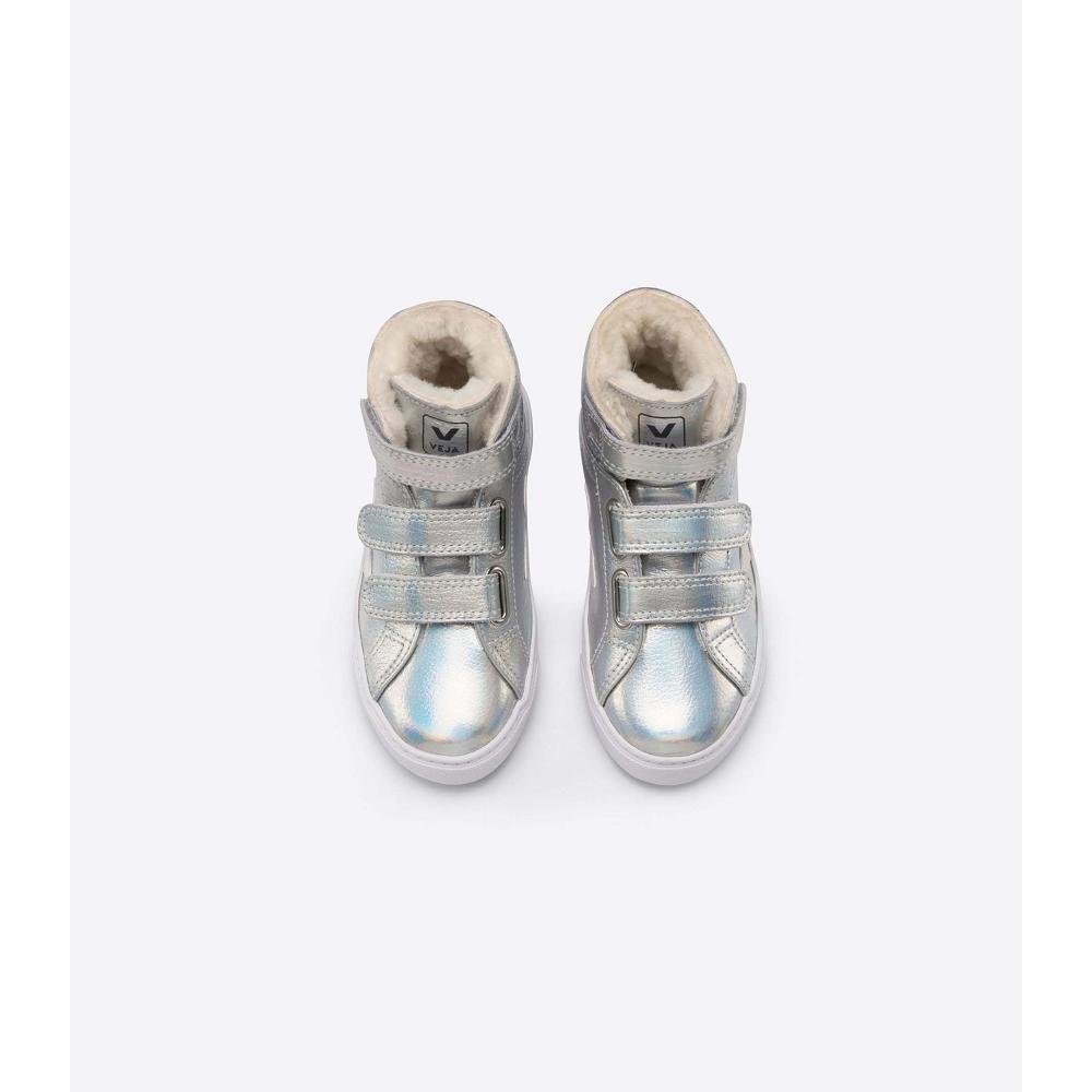 Silver/White Kids' Veja ESPLAR MID FURED LEATHER High Tops | AU 693CTV